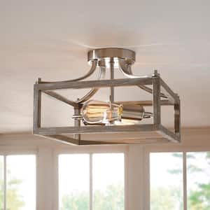 Boswell Quarter 12-1/2 in. 2-Light Brushed Nickel Farmhouse Semi-Flush Mount with Painted Weathered Gray Wood Accents