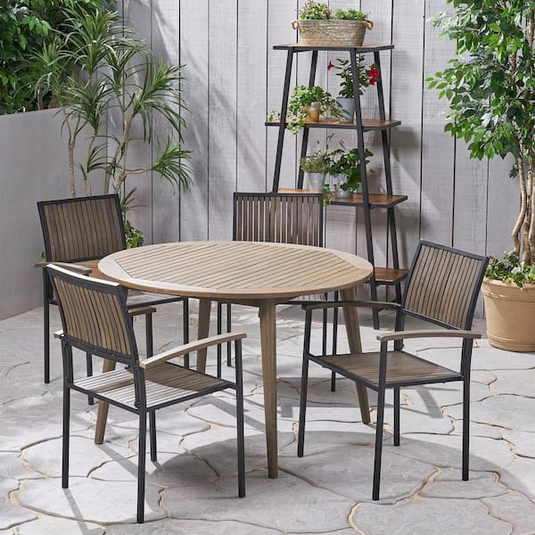 Noble House Alhaven Grey Finished 5-Piece Wood Round Patio Outdoor Dining Set