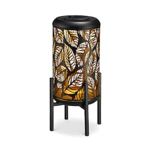 14.25 in. H Black and Gold Metal Cutout Leaves Pattern Solar Powered LED Outdoor Lantern with Stand