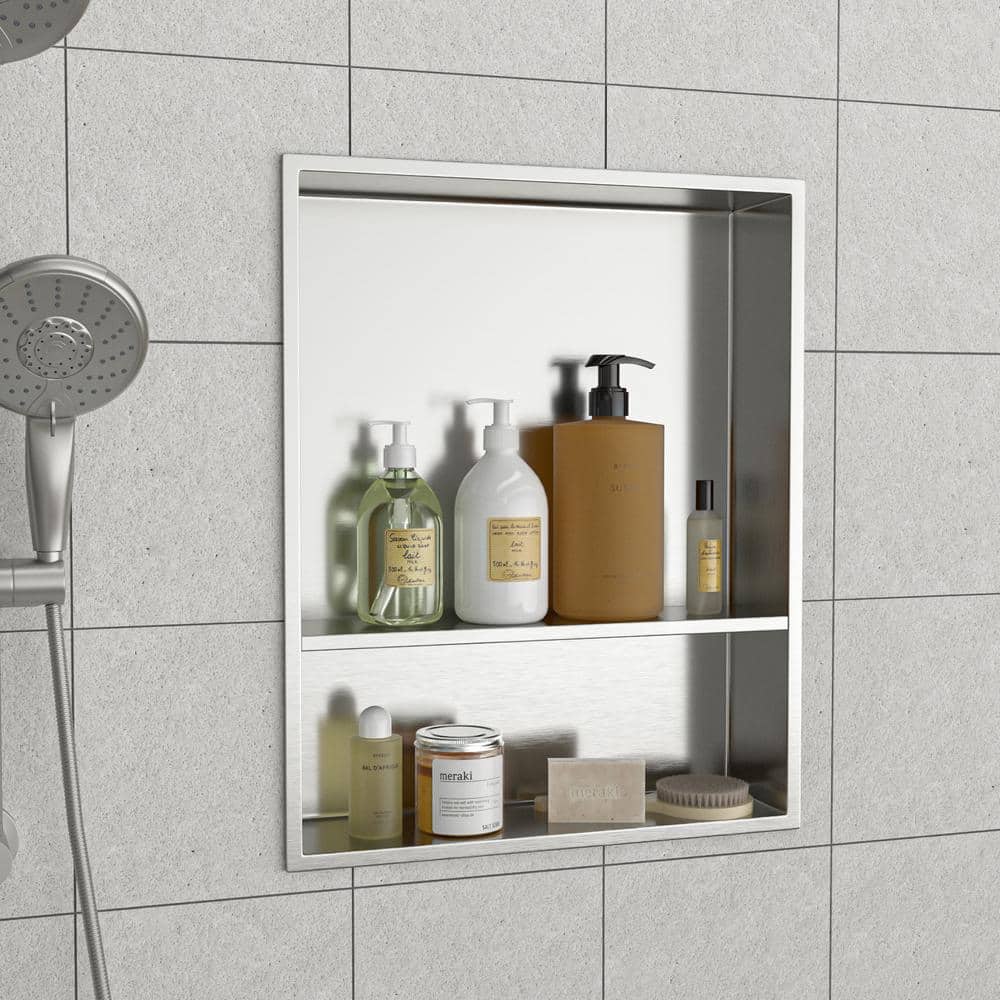 Brushed Nickel Stainless Steel Wall Mounted Shower Niche with Double Shelf