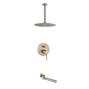 Ceiling Mount Single-Handle 2-Spray Tub and Shower Faucet with 10 in. Rain Shower Head in Brushed Gold (Valve Included)