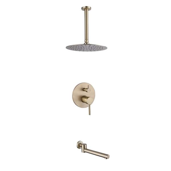 Tomfaucet Ceiling Mount Single-Handle 2-Spray Tub and Shower Faucet with 10 in. Rain Shower Head in Brushed Gold (Valve Included)