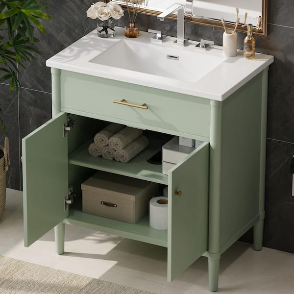 31 in. Freestanding Green Bath Vanity with White Ceramic Top Bathroom Door Storage Cabinet Unassembled