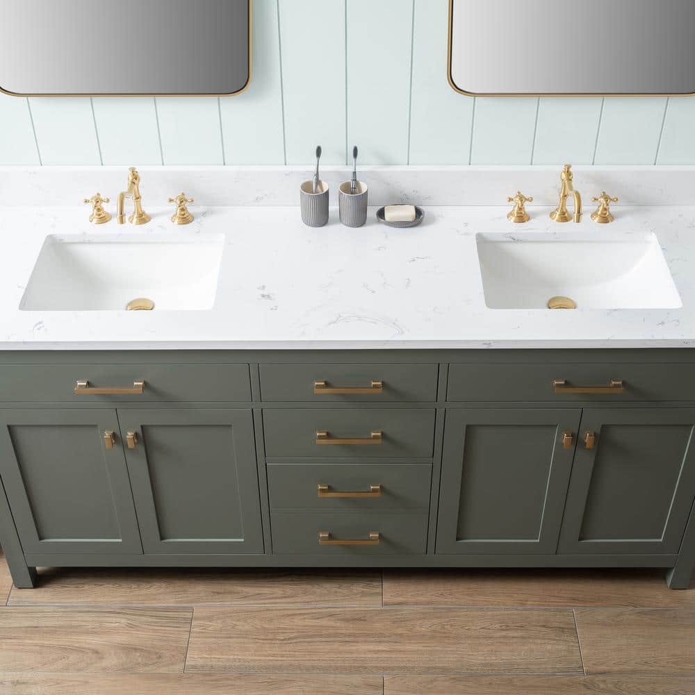 Vintage Green Double Vanity with Carrara White Top and Brushed Bronze Hardware