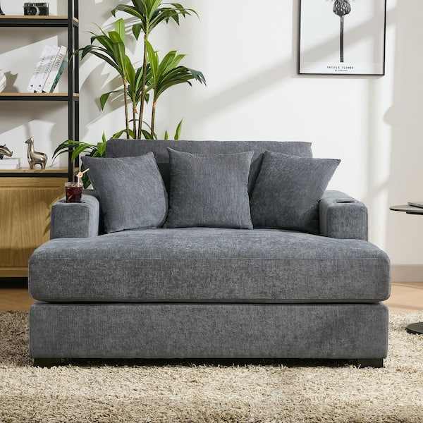 Blue/Gray Chenille Square Arm Chaise Lounge with Pillows,Charge Station & Cup Holders