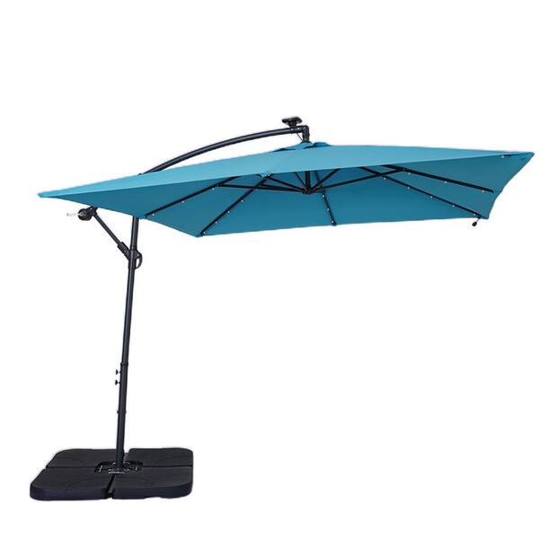 Unbranded All weather 8.2 ft. Steel Cantilever No Tilt LED Square Patio Umbrella in Lake Blue with Base Stand