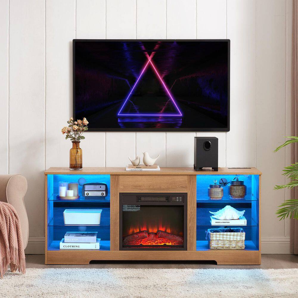 Kadehome 58 in. Freestanding Wood TV Stand Electric Fireplace Glass ...