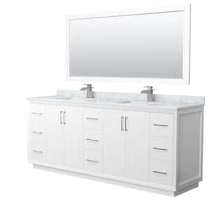 Strada 84 in. W x 22 in. D x 35 in. H Double Bath Vanity in White with White Carrara Marble Top and 70 in. Mirror