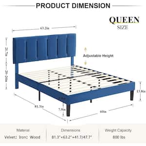 Upholstered Bedframe, Blue Metal Frame Queen Platform Bed with Adjustable Headboard, Wood Slat, No Box Spring Needed