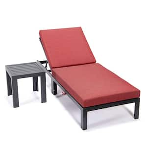 Chelsea Modern Black Aluminum Outdoor Patio Chaise Lounge Chair with Side Table and Red Cushions