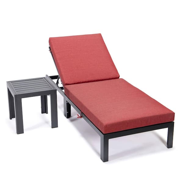 Leisuremod Chelsea Modern Black Aluminum Outdoor Patio Chaise Lounge Chair with Side Table and Red Cushions