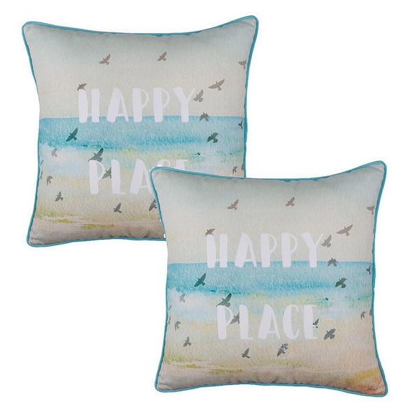 MIKE & Co. NEW YORK Nautical Coastal Happy Quote Decorative Set of 2 Throw Pillow Covers 18 in. x 18 in. Square White and Blue
