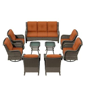 9-Pieces Patio Furniture Set Outdoor Wicker Sectional Sofa with Orange Cushions and Glass Top Coffee Table