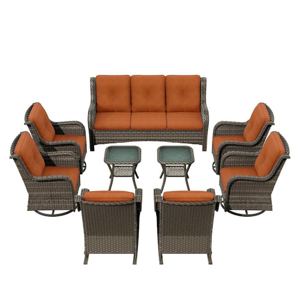 9-Pieces Patio Furniture Set Outdoor Wicker Sectional Sofa with Orange Cushions and Glass Top Coffee Table