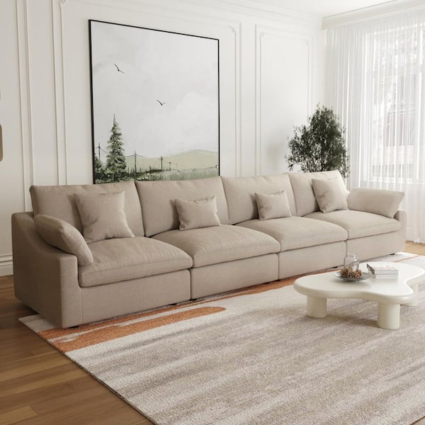J&E Home 155.9 in. Square Arm 4-Piece Wide Seat Linen Modular Free Combination Sectional Sofa in Brown 5 Seater