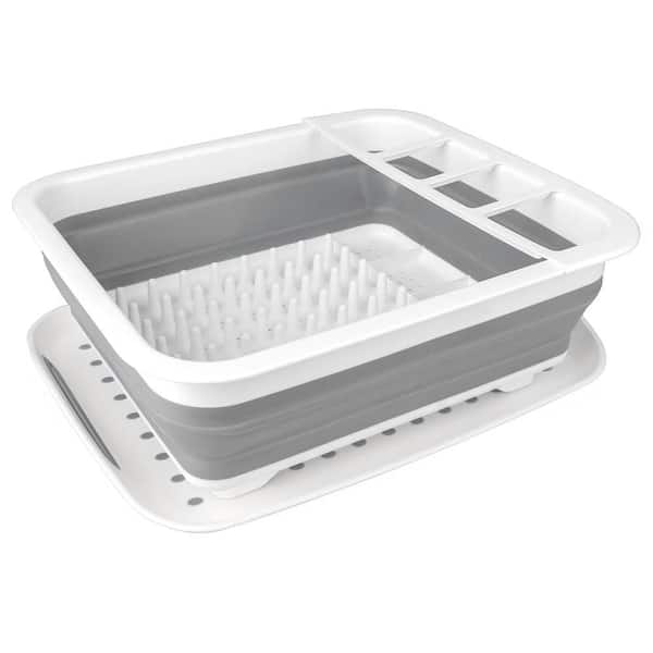 14 x 12 in. Collapsible Dish Drying Rack Portable Drainer with Drainboard for Kitchen Counter RV Grey White