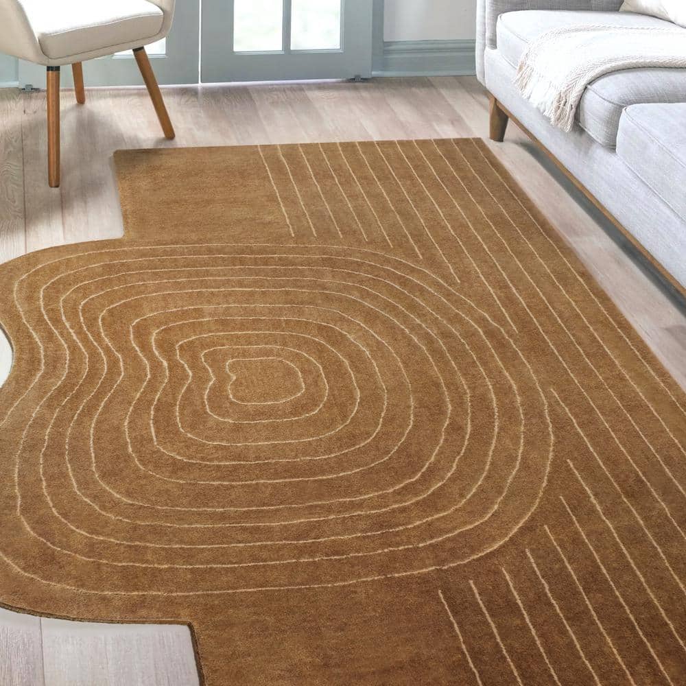 Handmade Light Brown Wool Abstract Rectangular Area Rug