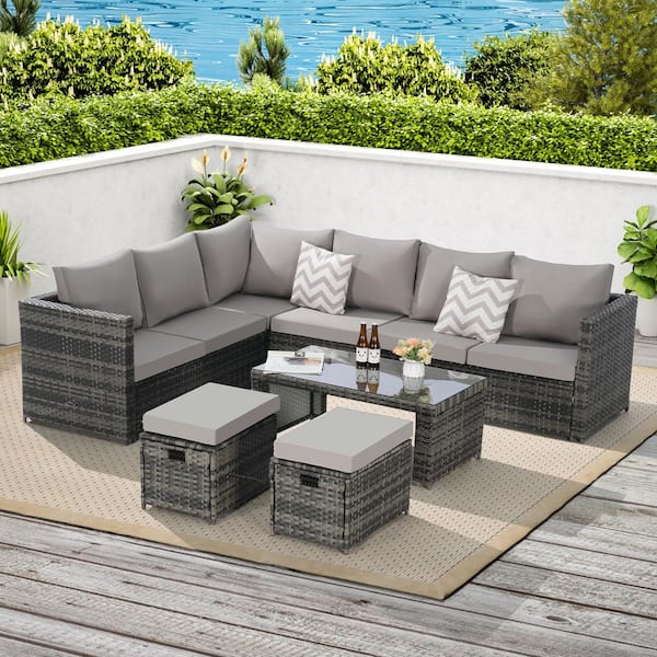 Unbranded Gray Wicker 6-Piece, 8-Seat Outdoor Patio Conversation Sectional Sofa Set with Glass Table, Light Gray Cushions, Pillows