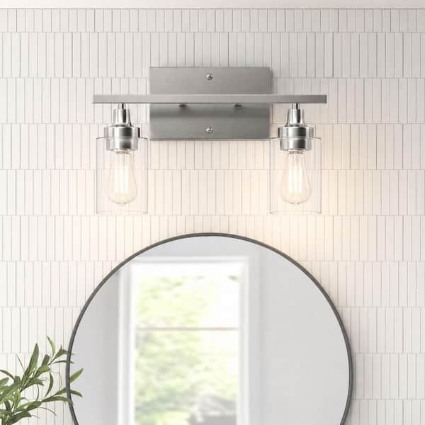 14 in. 2 Light Modern Brushed Nickel Vanity Light with Clear Glass Shade