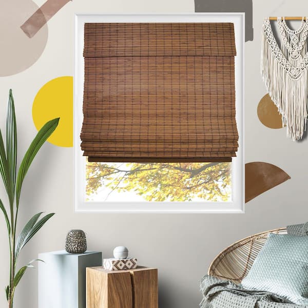 YELLOW BLINDS 23 in. W x 64 in. L Natural Woven Cordless Light Filtering Bamboo Roman Shades for Window, Cider