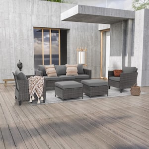 5-Piece Outdoor Patio Conversation Set Widened Back and Arm Grey Rattan 3-Seat Sofa 2-Ottomans, Grey