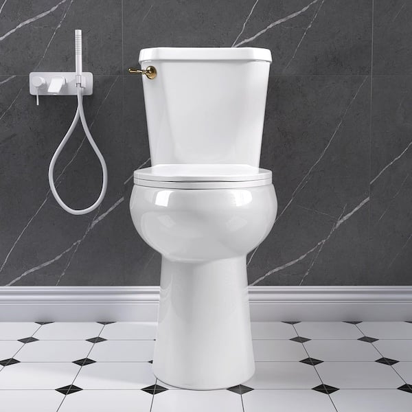 2-Piece 1.28 GPF 19 in. Height Single Flush Elongated 12-in. Rough-in Modern Toilet in White Seat Included Gold Handle