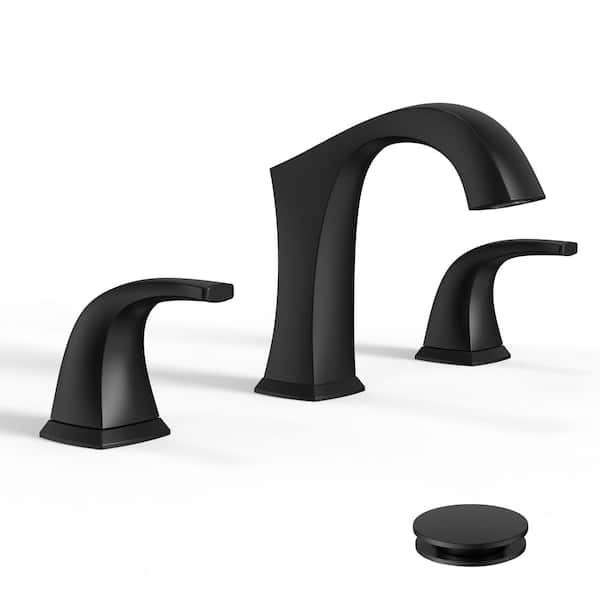 8 in. Widespread Double Handle Black Bathroom Faucet Set 3-Holes Vanity Sink With Metal Drain In Matte Black