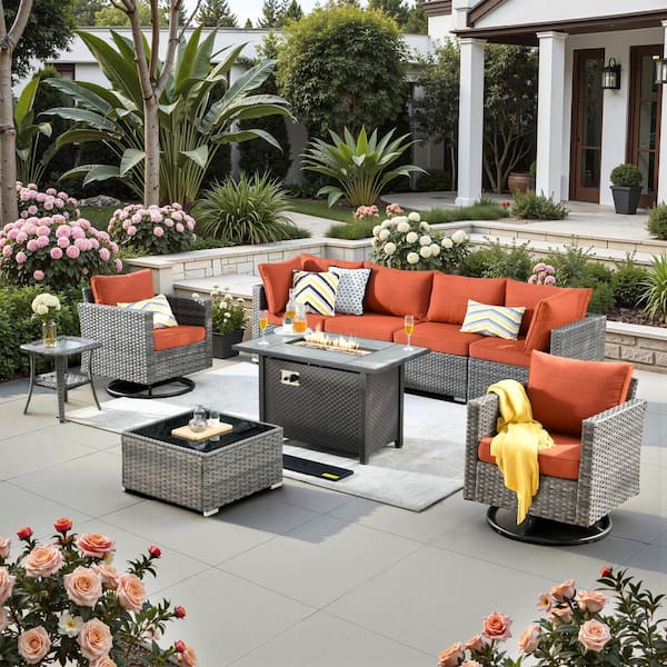 Toject Sanibel Gray 9-Piece Wicker Outdoor Patio Conversation Sofa Sectional Set with a Metal Fire Pit and Orange Red Cushions