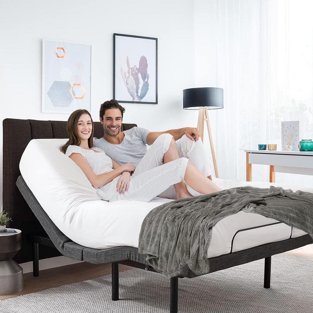 King Adjustable Black Metal Upholstered Bed Frame with Wireless Remote