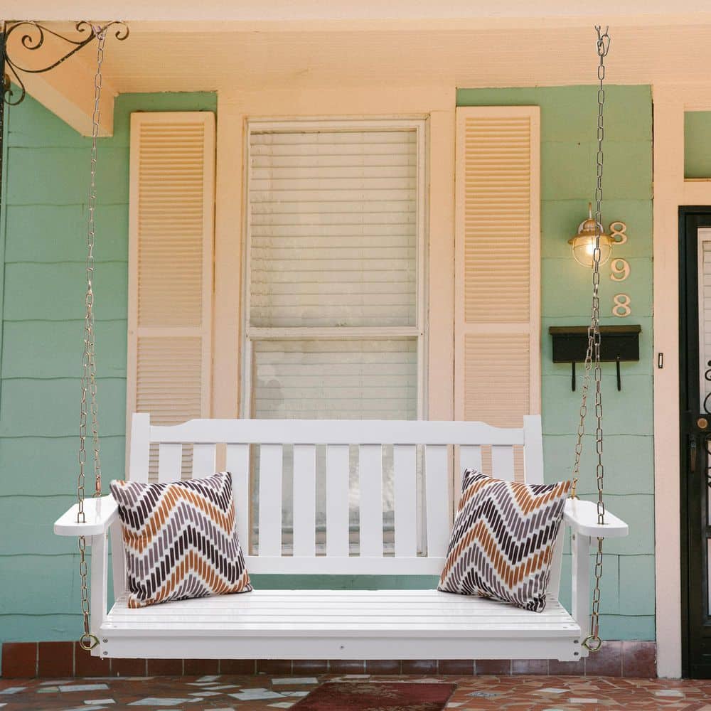 Wooden Porch Swing 2-Seater, Bench Swing with Hanging Chains, for Outdoor Patio Garden Yard, 4 Ft, White