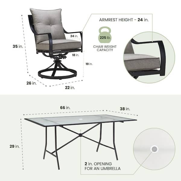 Lavallette 7-Piece Steel Outdoor Dining Set with Silver Linings Cushions, Swivel Rockers and a Glass-Top Table