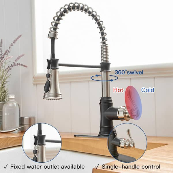 Single-Handle Pull-Down Sprayer 3 Spray High Arc Kitchen Faucet With Deck Plate in Brushed Nickel and Black