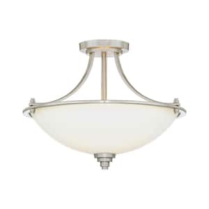 3-Light Satin Nickel Semi Flush Mount with Etched White Glass