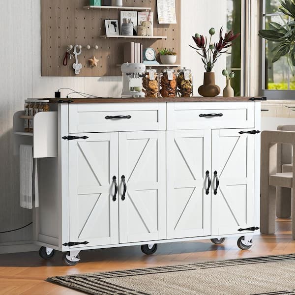 53 in. White Wood Kitchen Cart with Power Outlet, Kitchen Storage Island with Drop Leaf, Spice Rack and Drawer