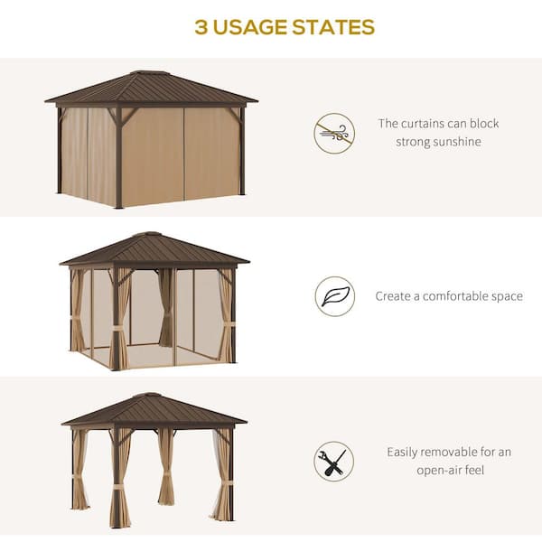 10 ft. x 12 ft. Outdoor Brown Hardtop Gazebo Metal Roof Patio Gazebo with  Mesh Netting, Privacy Curtains
