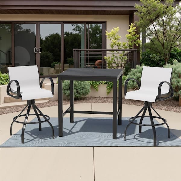3-Piece Square Aluminum Outdoor Dining Set with 35.4 in. Table and Oyster Sunreblla Swivel Bar Stool