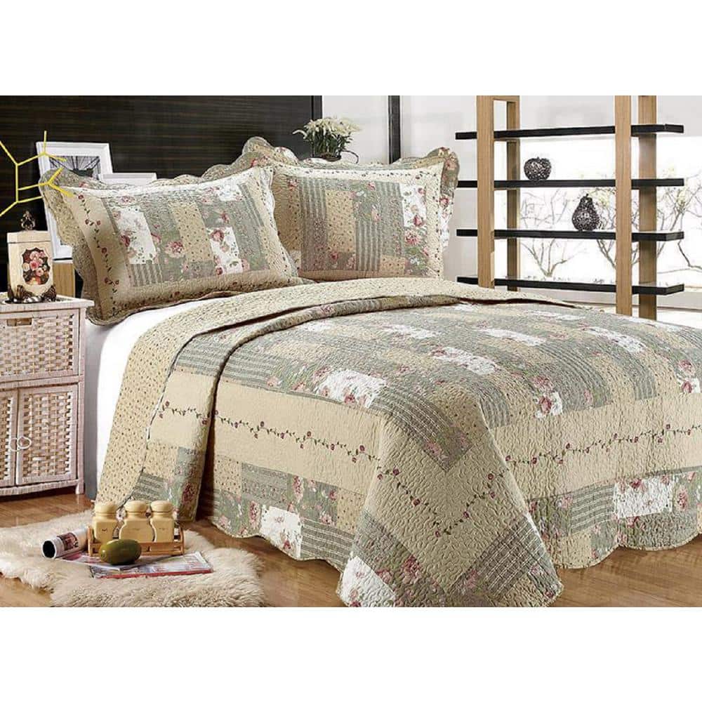 Full Green Microfiber Reversible Patchwork Quilt Set