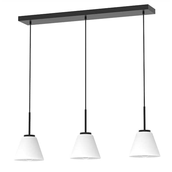 YANSUN 28 in. 3-Light Black Pendant Light with Glass Shade, Farmhouse Ceiling Lamp for Kitchen Island, Dining Room