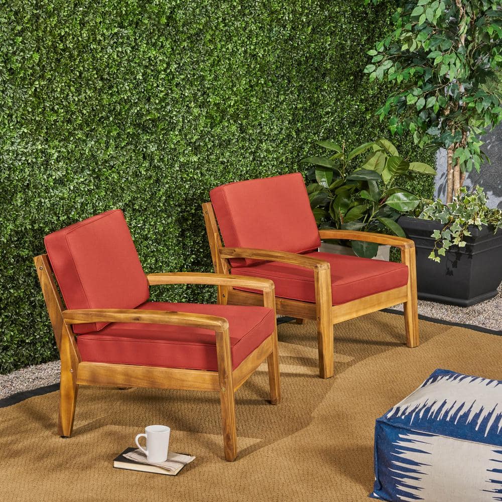 Teak Finish Wood Lounge Chairs with Red Cushions