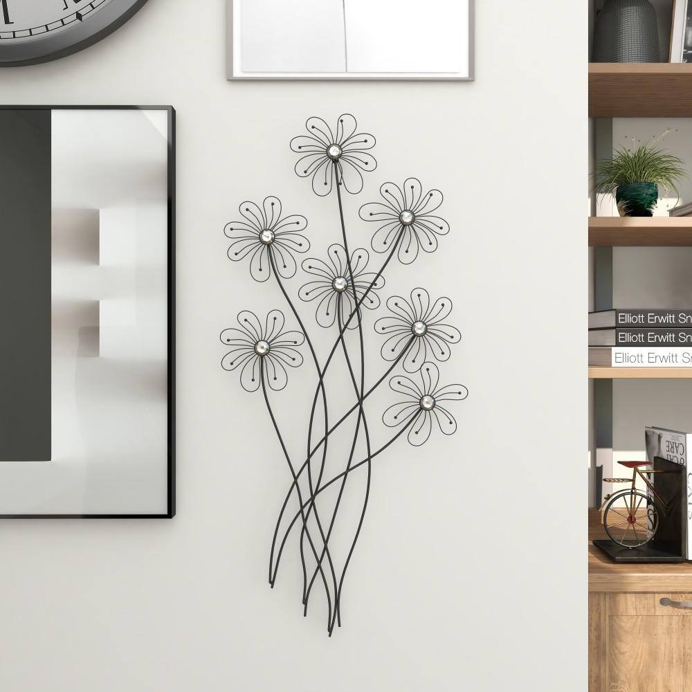 Black Metal 3D Wire Floral Wall Sculpture with Crystal Embellishments