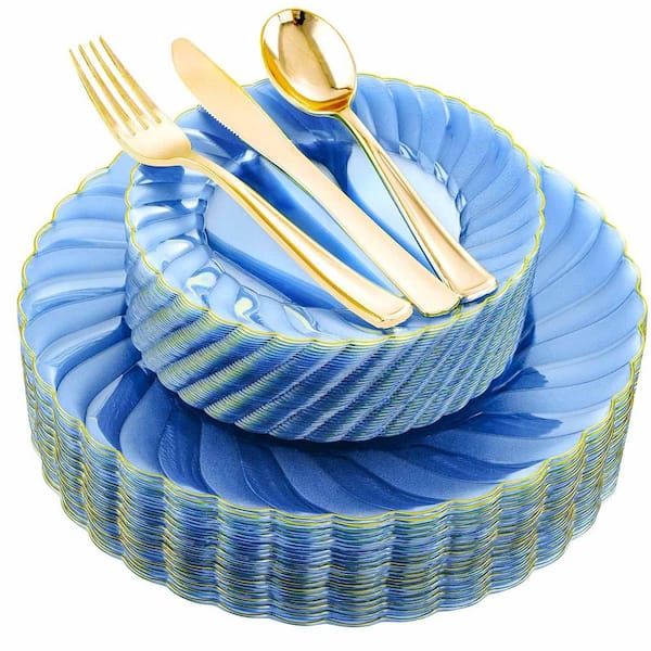 125-Piece Blue Scalloped Plastic Dinnerware Set Include 50 Plates, 75 Gold Silverware, Service Set for 25