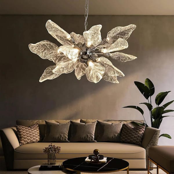 D31.5 in. 18-Light Silver Modern Chandelier, Crystal Leaf Chandelier for Bedroom, Dining Room, Living Room, Foyer