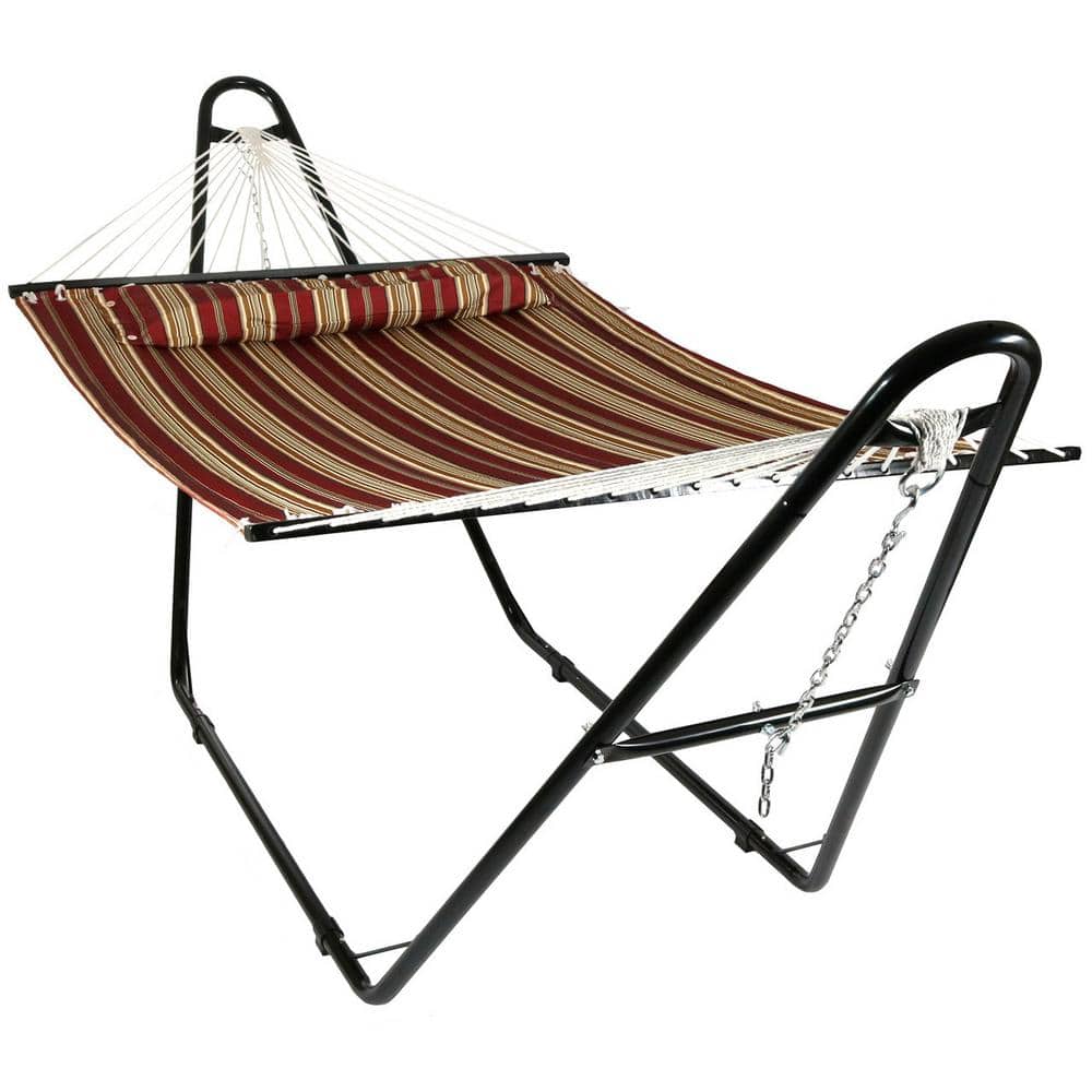 Red Striped Double Quilted Fabric Hammock with Steel Stand