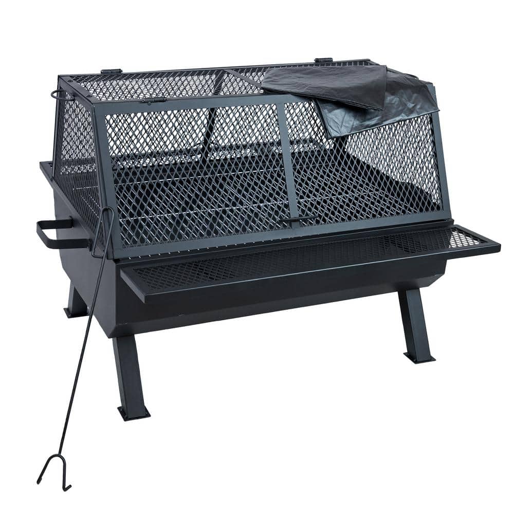 Black Steel Outdoor Fire Pit with Grill and Spark Screen