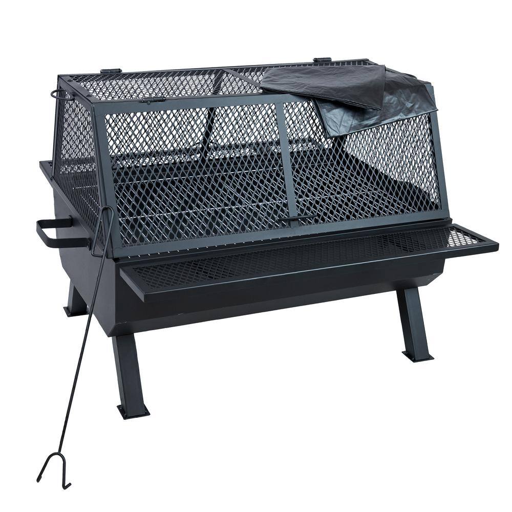 Black Steel Outdoor Fire Pit with Grill and Spark Screen