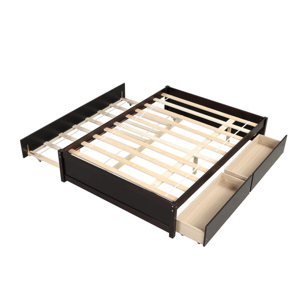 Dark Brown Wood Frame Full Platform Bed with Trundle and 2 Drawers