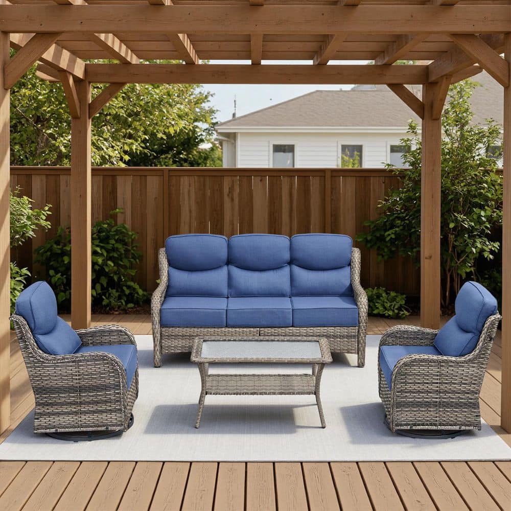 Arcadia Gray 4-Piece Wicker Patio Conversation Set with Swivel Gliders and 6-Inch Thick Olefin Navy Blue Cushions price history on PriceWatchPro