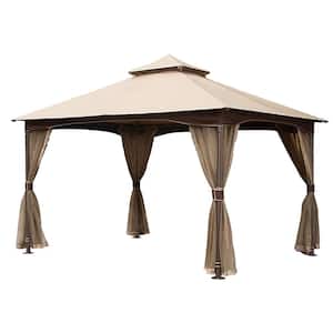 10 ft. x 13 ft. Outdoor Gazebo with Mosquito Netting, Metal Frame Double Roof Soft Top Canopy Tent in Khaki