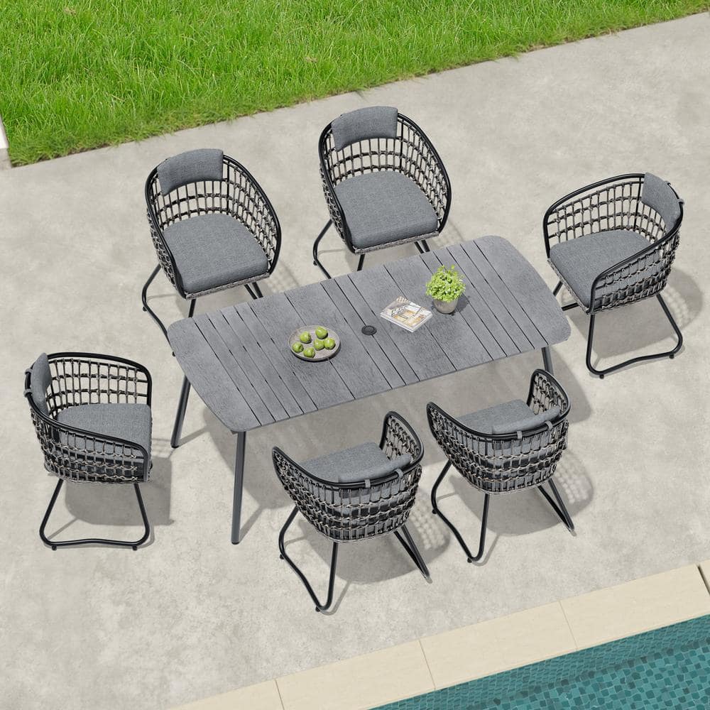 7-Piece Metal 70.9 in. Outdoor Dining Set with Rattan Chairs and Gray Cushions price history on PriceWatchPro