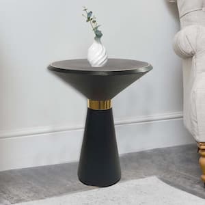 18 in. Black and Brass Round Wood End/Side Table with Metal Frame